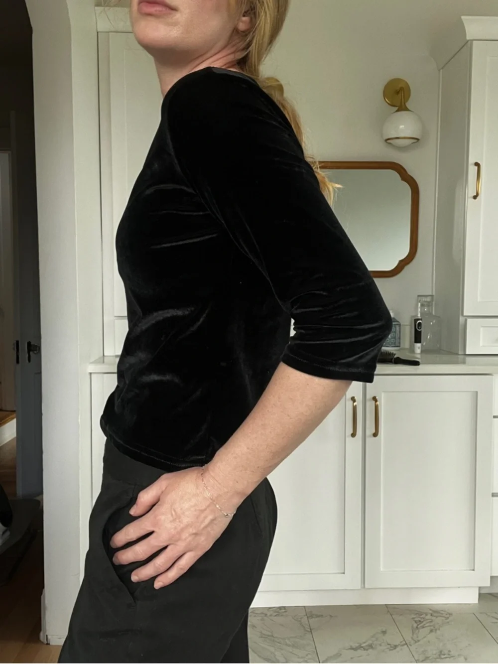 Vintage Y2K Black Velvet 3/4 Sleeve Women's Top - Picture 2 of 5